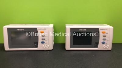 2 x Philips Intellivue X2 Handheld Patient Monitors Software Version K.21.61 - M.04.00 Including ECG, SpO2, NBP, Temp and Press Options with 2 x Batteries (Both Power Up when Tested with Stock Batteries,2 x Flat Batteries Included) *Mfd 2010 - 2018*