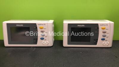 2 x Philips Intellivue X2 Handheld Patient Monitors Software Version M.04.00 - H.04.04 Including ECG, SpO2, NBP, Temp and Press Options with 2 x Batteries (Both Power Up when Tested with Stock Batteries,2 x Flat Batteries Included) *Mfd 2010 - 2018*