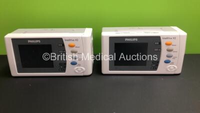 2 x Philips IntelliVue X2 Handheld Patient Monitors S/W Rev M.04.00 / M.04.00 with Press/Temp, NBP, SpO2 and ECG/Resp Options with 2 x Batteries (Both Power Up with Stock Batteries,2 x Flat Batteries Included) *Mfd 2018 / 2018*