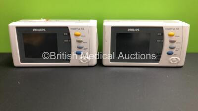 2 x Philips IntelliVue X2 Handheld Patient Monitors S/W Rev L.01.05 / H.03.14 with Press/Temp, NBP, SpO2 and ECG/Resp Options with 2 x Batteries (Both Power Up with Stock Batteries,2 x Flat Batteries Included) *Mfd 2016 / 2011*