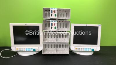 Mixed Lot Including 2 x GE Healthcare USE1503A Monitors (Both Power Up) 4 x GE Module Racks and 3 x GE E-PRESTN-00 Module Racks Including ECG, NIBP, P1-P2, SpO2, T1, T2 *SN 277903 - 277273 - 256776 - 258485 - 258484 - 258486*