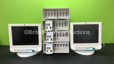 Mixed Lot Including 2 x GE Healthcare USE1503A Monitors (Both Power Up) 4 x GE Module Racks and 3 x GE E-PRESTN-00 Module Racks Including ECG, NIBP, P1-P2, SpO2, T1, T2 *SN 258482 - 277471 - 277288 - 277346 - 258485 - 258481 - 258484*