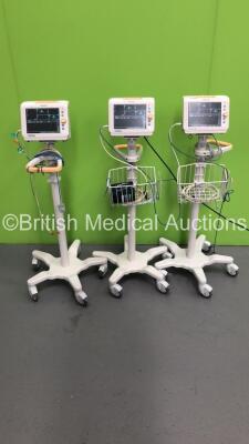 3 x Philips SureSigns VS3 Patient Monitors on Stands with SPO2 and BP Options, SPO2 Finger Sensors and BP Hoses (All Power Up) *G*