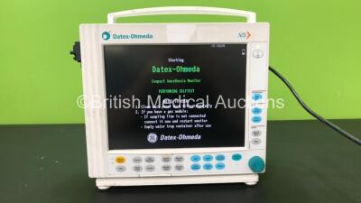 Datex Ohmeda S/5 Patient Monitor Including 1 x GE M-CAiO Module with D-Fend Water Trap and 1 x Datex Ohmeda M-PRESTN Module Including ECG, NIBP, SpO2, P1, P2, T1 and T2 Options (Powers Up)