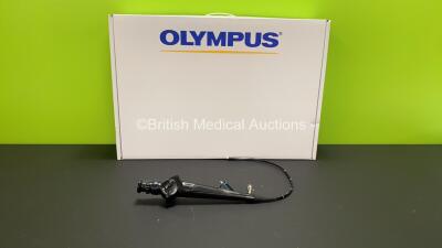 Olympus CYF-5 Cystoscope in Case - Engineer's Report : Optical System - 2 Broken Fibers and Minor Fluid Stain Present, Angulation - No Fault Found, Insertion Tube - No Fault Found, Light Transmission - No Fault Found, Channels - No Fault Found, Leak Check