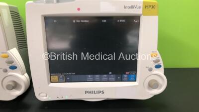 2 x Philips IntelliVue MP30 Patient Monitors *Mfds - 2007 and 2008* with 2 x Philips M3012A Multiparameter Modules with Press and Temp Options *Mfds - 2008 and 2009* and 2 x Philips IntelliVue X2 Patient Monitors with Press, Temp, NBP, SPO2 and ECG Resp O - 2