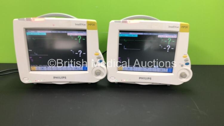 2 x Philips IntelliVue MP30 Patient Monitors *Mfds - 2008* with 2 x Philips M3012A Multiparameter Modules with Press and Temp Options *Mfds - 2018 and 2009* and 2 x Philips IntelliVue X2 Patient Monitors with Press, Temp, NBP, SPO2 and ECG Resp Options an
