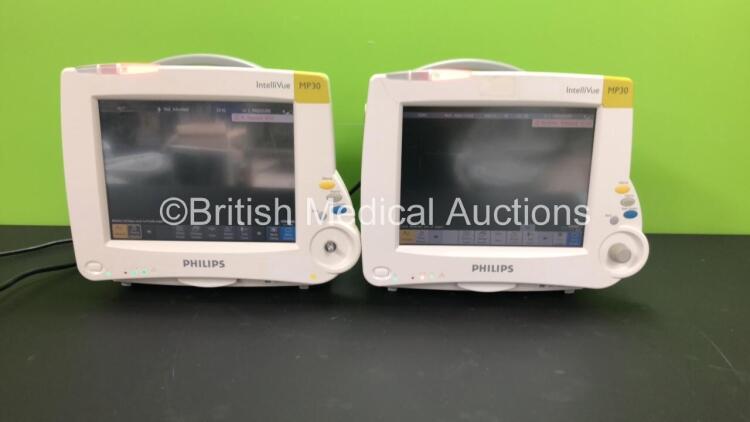 2 x Philips IntelliVue MP30 Patient Monitors *Mfds - 2008* with 2 x Philips M3012A Multiparameter Modules with Press and Temp Options *Mfds - 2008* and 2 x Philips IntelliVue X2 Patient Monitors with Press, Temp, NBP, SPO2 and ECG Resp Options and 2 x Bat