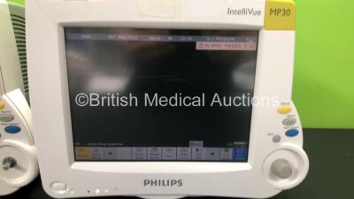 2 x Philips IntelliVue MP30 Patient Monitors *Mfds - 2008* with 2 x Philips M3012A Multiparameter Modules with Press and Temp Options *Mfds - 2008* and 2 x Philips IntelliVue X2 Patient Monitors with Press, Temp, NBP, SPO2 and ECG Resp Options and 2 x Bat - 2