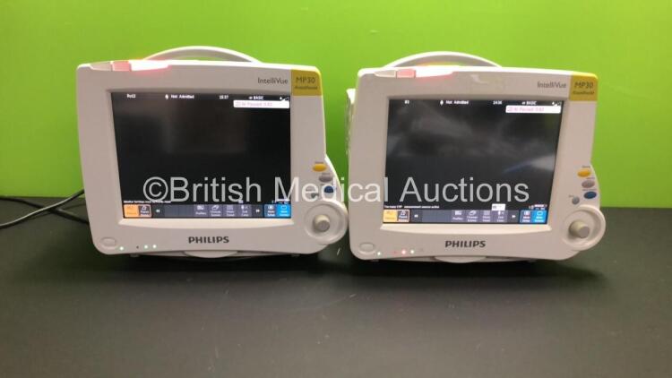 2 x Philips IntelliVue MP30 Anaesthesia Patient Monitors *Mfds - 2012 and 2010* with 2 x Philips M3012A Multiparameter Modules with Press and Temp Options *Mfds - 2018 and 2009* and 2 x Philips IntelliVue X2 Patient Monitors with Press, Temp, NBP, SPO2 an