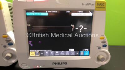 2 x Philips IntelliVue MP30 Anaesthesia Patient Monitors *Mfds - 2012 and 2010* with 2 x Philips M3012A Multiparameter Modules with Press and Temp Options *Mfds - 2018 and 2009* and 2 x Philips IntelliVue X2 Patient Monitors with Press, Temp, NBP, SPO2 an - 2