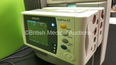 2 x Philips IntelliVue MP70 Anaesthesia Patient Monitors *Mfds - 2009* with 2 x Philips M3012A Multiparameter Modules with Press and Temp Options *Mfds - 2008 and 2009* and 2 x Philips IntelliVue X2 Patient Monitors with Press, Temp, NBP, SPO2 and ECG Res - 7