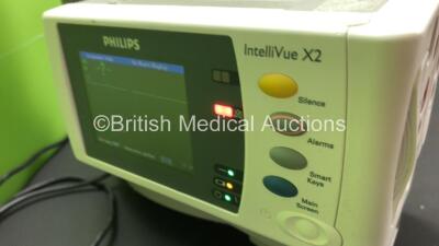 2 x Philips IntelliVue MP70 Anaesthesia Patient Monitors *Mfds - 2009* with 2 x Philips M3012A Multiparameter Modules with Press and Temp Options *Mfds - 2009* and 2 x Philips IntelliVue X2 Patient Monitors with Press, Temp, NBP, SPO2 and ECG Resp Options - 7