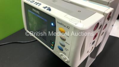 2 x Philips IntelliVue MP70 Anaesthesia Patient Monitors *Mfds - 2009* with 2 x Philips M3012A Multiparameter Modules with Press and Temp Options *Mfds - 2009* and 2 x Philips IntelliVue X2 Patient Monitors with Press, Temp, NBP, SPO2 and ECG Resp Options - 8