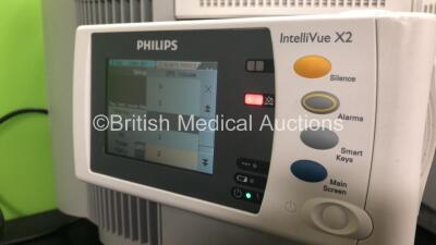 2 x Philips IntelliVue MP70 Anaesthesia Patient Monitors *Mfds - 2009 and 2009* (Both Power Up) with 2 x Philips M3014A Opt : C07 Multiparameter Modules with Press, Temp and CO2 Options *Mfds -2009* and 2 x Philips IntelliVue X2 Patient Monitors with Pres - 7