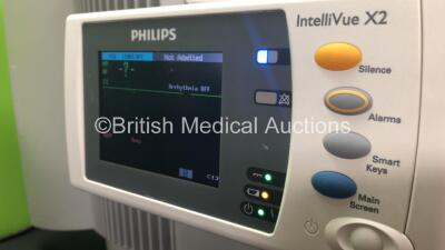 2 x Philips IntelliVue MP70 Anaesthesia Patient Monitors *Mfds - 2009 and 2009* (Both Power Up) with 2 x Philips M3014A Opt : C07 Multiparameter Modules with Press, Temp and CO2 Options *Mfds -2009* and 2 x Philips IntelliVue X2 Patient Monitors with Pres - 10