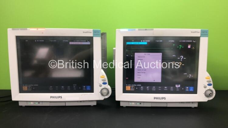 2 x Philips IntelliVue MP70 Anaesthesia Patient Monitors *Mfds -2009 and 2009* (Both Power Up 1 with Missing Dial-See Photos) with 2 x Philips M3014A Opt : C07 Multiparameter Modules with Press, Temp and CO2 Options *Mfds -2011* and 2 x Philips IntelliVue