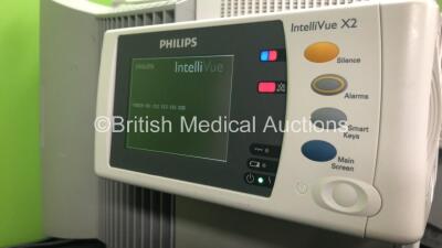 2 x Philips IntelliVue MP70 Anaesthesia Patient Monitors *Mfds -2009 and 2009* (Both Power Up 1 with Missing Dial-See Photos) with 2 x Philips M3014A Opt : C07 Multiparameter Modules with Press, Temp and CO2 Options *Mfds -2011* and 2 x Philips IntelliVue - 8