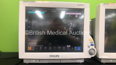 2 x Philips IntelliVue MP70 Anaesthesia Patient Monitors *Mfds - 2009 and 2009* (Both Power Up, 1 with Missing Tag-See Photo) with 2 x Philips M3014A Opt : C10 Multiparameter Modules with Press, Temp, CO2 and PICCO Options *Mfds - 2008* and 2 x Philips In - 2