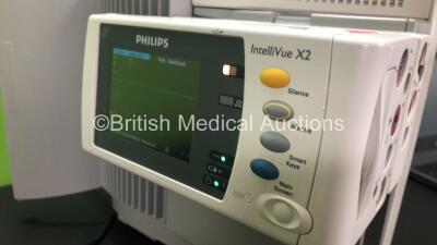 Philips IntelliVue MP70 Anaesthesia Patient Monitor *Mfd - 2009* (Powers Up with Missing Dial-See Photo) with Philips M3012A Multiparameter Module with Press and Temp Options *Mfd - 2009* and Philips IntelliVue X2 Patient Monitor with Press, Temp, NBP, SP - 5