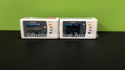 2 x Philips IntelliVue X2 Patient Monitors with Press, Temp, NBP, SPO2 and ECG Resp Options and 2 x Batteries *Mfds - 1 x 2009, 1 x Missing Label* (Both Power Up)