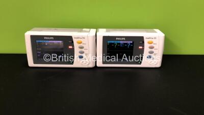 2 x Philips IntelliVue X2 Patient Monitors with Press, Temp, NBP, SPO2 and ECG Resp Options and 2 x Batteries *Mfds - 2009 and 2014* (Both Power Up)