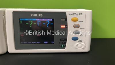 2 x Philips IntelliVue X2 Patient Monitors with Press, Temp, NBP, SPO2 and ECG Resp Options and 2 x Batteries *Mfds - 2009 and 2014* (Both Power Up) - 2