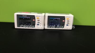 2 x Philips IntelliVue X2 Patient Monitors with Press, Temp, NBP, SPO2 and ECG Resp Options and 2 x Batteries *Mfds - 1 x 2008, 1 x Missing Label* (Both Power Up)