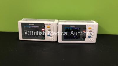 2 x Philips IntelliVue X2 Patient Monitors with Press, Temp, NBP, SPO2 and ECG Resp Options and 2 x Batteries *Mfds - 2012 and 2009* (Both Power Up)