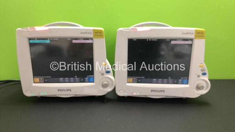 2 x Philips IntelliVue MP30 Anaesthesia Patient Monitors *Mfds - 2008 and 2009* with 2 x Philips M3012A Multiparameter Modules with Press and Temp Options *Mfds - 2008 and 2014* and 2 x Philips IntelliVue X2 Patient Monitors with Press, Temp, NBP, SPO2 an