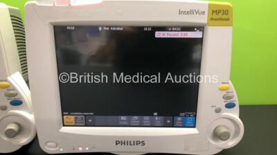 2 x Philips IntelliVue MP30 Anaesthesia Patient Monitors *Mfds - 2008 and 2009* with 2 x Philips M3012A Multiparameter Modules with Press and Temp Options *Mfds - 2008 and 2014* and 2 x Philips IntelliVue X2 Patient Monitors with Press, Temp, NBP, SPO2 an - 2