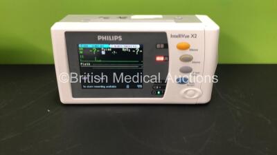 2 x Philips IntelliVue X2 Patient Monitors with Press, Temp, NBP, SPO2 and ECG Resp Options and 2 x Batteries *Mfds - 2009* (Both Power Up) - 2