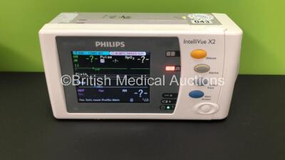 2 x Philips IntelliVue X2 Patient Monitors with Press, Temp, NBP, SPO2 and ECG Resp Options and 2 x Batteries *Mfds - 2009* (Both Power Up) - 2