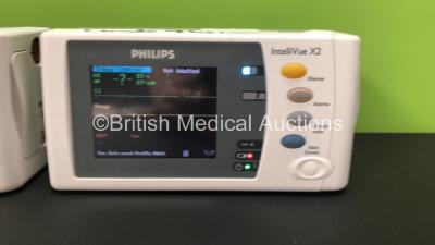 2 x Philips IntelliVue X2 Patient Monitors with Press, Temp, NBP, SPO2 and ECG Resp Options and 2 x Batteries *Mfds - 2010 and 2009* (Both Power Up with Good Batteries, 1 x Flat and 1 x Good Battery Included) - 2