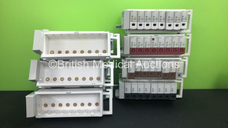 Job Lot Including 10 x Philips M8048A Module Racks and Module Racks with 8 x Philips Ref 865115 Intellibridge EC10 Modules, 8 x Philips M1029A Temp Modules (1 with Missing Cover-See Photo) 8 x Philips Ref M1006B Press Modules and 8 x Philips Ref M1014A S
