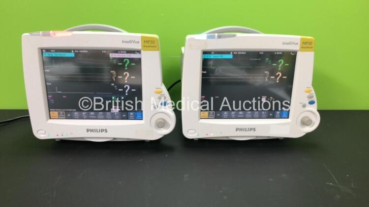 2 x Philips IntelliVue MP30 Anaesthesia Patient Monitors *Mfds - 2009 and 2008* with 2 x Philips M3012A Multiparameter Modules with Press and Temp Options *Mfds - 2008 and 2010* and 2 x Philips IntelliVue X2 Patient Monitors with Press, Temp, NBP, SPO2 an