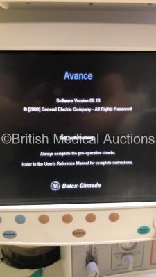 Datex-Ohmeda S/5 Avance Anaesthesia Machine Software Version 06.01 with Datex-Ohmeda Patient Monitor, Datex-Ohmeda Module Rack with E-CAiOV Gas Module with Spirometry Option and D-Fend Water Trap, E-INTPSM Module, Bellows and Hoses (Powers Up) *S/N ANBP01 - 2