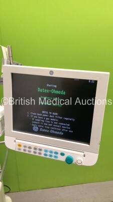 Datex-Ohmeda S/5 Avance Anaesthesia Machine Software Version 06.01 with Datex-Ohmeda Patient Monitor, Datex-Ohmeda Module Rack with E-CAiOV Gas Module with Spirometry Option and D-Fend Water Trap, E-INTPSM Module, Bellows and Hoses (Powers Up) *S/N ANBP01 - 3