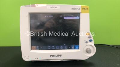 Philips MP30 IntelliVue Touch Screen Patient Monitor with 1 x Philips M3001A Module Including ECG/Resp, Sp02, NBP, Temp, Press and Temp Options, 1 x Philips M3015A Module Including C02, Press and Temp Options (Powers Up) *Mfd 08-2012*