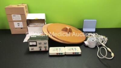 Mixed Lot Including 200 x Pregnancy Visual Read Cassettes, 24 x Disposable SpO2 Infant Sensors, 2 x Niels Larsen Timber Hygrosonic Balance Stands, 1 x APC External Pulse Generator, 1 x Zoom Wireless Transmitter, 1 x Boston Scientific MD5 Probe, 2 x Sensor