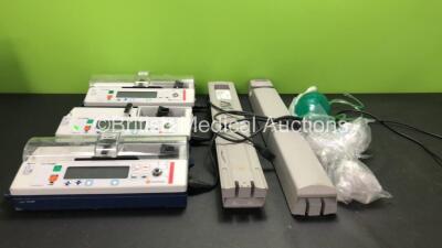 Mixed Lot Including 3 x Syringe Pumps (2 Draw Power with Blank Screen, 1 No Power) 2 x Arjo KPA IVAC PCAM 0100 Batteries and 1 Timesco Airway Pump with 3 x Face Masks