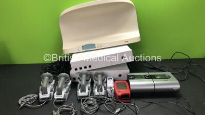 Mixed Lot Including 1 x ResMed EPR S9 CPAP Unit with 1 x ResMed H5i Humidifier Unit and 1 x AC Power Supply (Powers Up) 1 x Seca Model 376 Weighing Scales (Powers Up with Damage-See Photo) 1 x Welch Allyn ThermoScan PRO 6000 Ear Thermometer with Base Unit