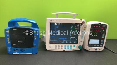 Mixed Lot Including 1 x GE Datex Ohmeda F-FM-00 Patient Monitor with 1 x GE N-FCREC-00 Module with Mini D-fend Water Trap, 1 x GE E-PSMP-00 Module Including ECG, SpO2, T1, T2, P1, P2 and NIBP Options (Powers Up with Damage-See Photos) 1 x GE Procare Auscu