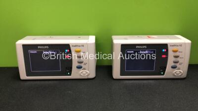 2 x Philips IntelliVue X2 Handheld Patient Monitors Software Versions K.21.61, K.21.61 Including ECG, SpO2, NBP, Temp and Press Options with 2 x Batteries (Both Power Up when Tested with Stock Batteries- Batteries Included Flat) *Mfd 07-2010, 07-2010*