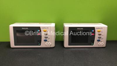 2 x Philips IntelliVue X2 Handheld Patient Monitors Software Versions M.04.00, K.21.61 Including ECG, SpO2, NBP, Temp and Press Options with 2 x Batteries (Both Power Up when Tested with Stock Batteries- Batteries Included Flat) *Mfd 03-2014, 07-2009*