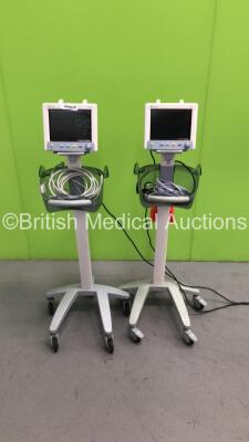 2 x Datascope Trio Patient Monitors on Stands with BP Hoses (Both Power Up)