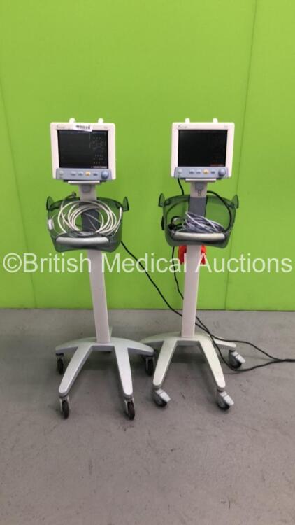 2 x Datascope Trio Patient Monitors on Stands with BP Hoses (Both Power Up)