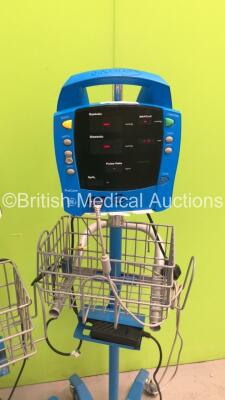 3 x GE ProCare Vital Signs Monitors on Stands with 3 x SPO2 Finger Sensors and 2 x BP Hoses (All Power Up) - 4