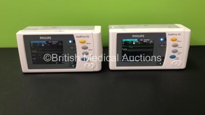 2 x Philips IntelliVue X2 Handheld Patient Monitors S/W Rev H.15.53 / H.15.45 with Press/Temp, NBP, SpO2 and ECG/Resp Options with 2 x Batteries (Both Power Up) *Mfd 2018 / 2010*