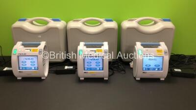 3 x KCI Info VAC Therapy Units with 3 x AC Power Supplies and 3 x KCI Cases (All Power Up)